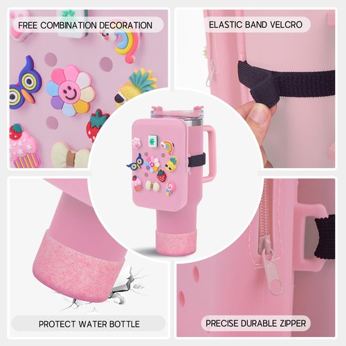 Silicone Water Bottle Pouch for Stanley Cup,Compatible with Stanley Cup Water Bottle Tumbler Pouch Purse Wallet Accessories 10PCS Charms & Boot (Pink)