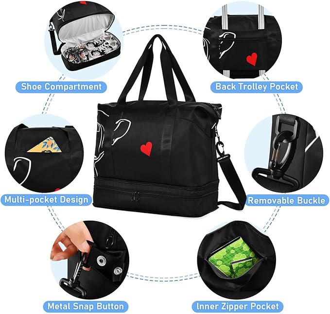 Weekender for Women, French Bulldog Black Gym Sports Duffle Travel Tote With Toiletry Bag, Shoes Compartment, Dry/Wet Separation Swim Bag