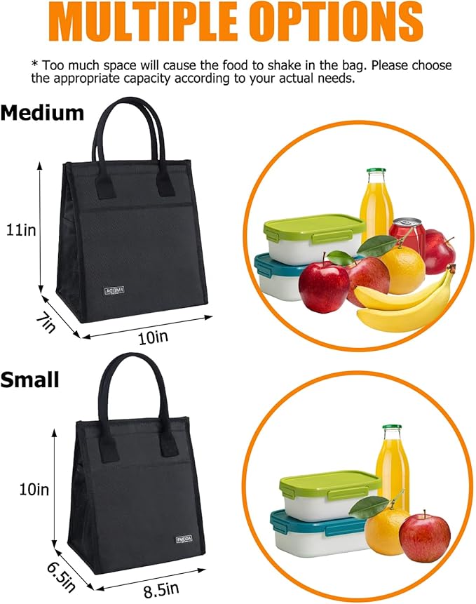 Fmeida Insulated Lunch Bag - Thermal Black with Side & Interior Pockets, Reusable Adult Lunch Tote for Women, Men, Office, Work, College, Beach, Travel