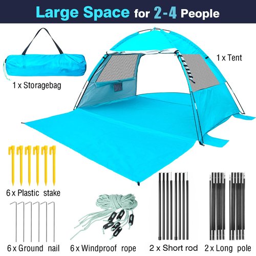 DLUCKY Beach Tent for 1-2-3 Person,Anti-UV Portable Sun Shade Shelter UPF 50+,Both Sides Extendable Floor, Extendable Awning Iron Rod Support,with 2 Ventilating Mesh Windows, Lightweight & Easy Setup