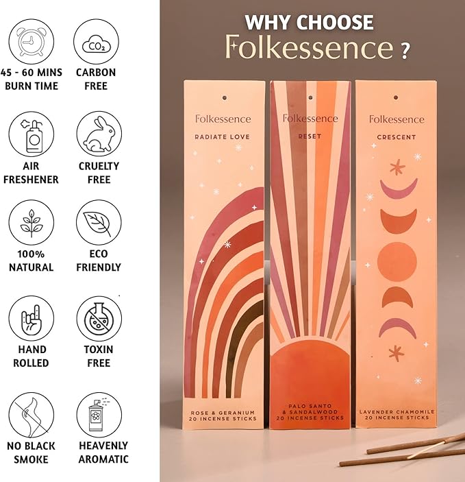 Folkulture Incense Sticks - Set of 6-120 Sticks, Palo Santo Incense Sticks, Sandalwood Incense Sticks, Lemongrass, Rose Geranium, Insense Sticks, Organic & Slow Burning Inscents
