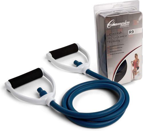 Champion Sports Resistance Tube Bands for Men and Women, Durable Stretch Fitness Band for Strength Training, Stretching, Rehabilitation - Premium Home Workout Equipment - 90 Lbs Resistance Tubing-Blue