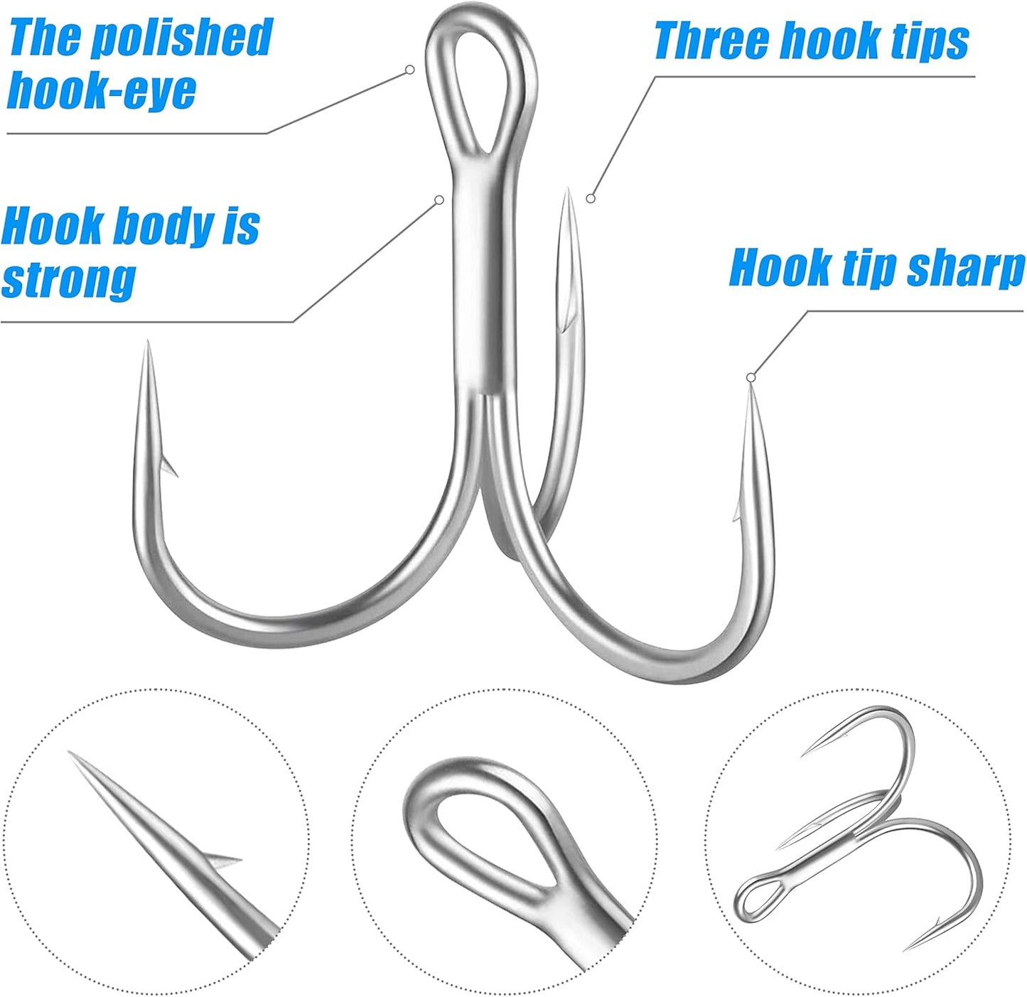 Shaddock Fishing Treble Hooks, Round Bend Short Shank Treble Hooks, High Carbon Steel, Wide Gap for Lures, Baits, Stripe, Trout, Bass, Salmon, Panfish 100/200PCS