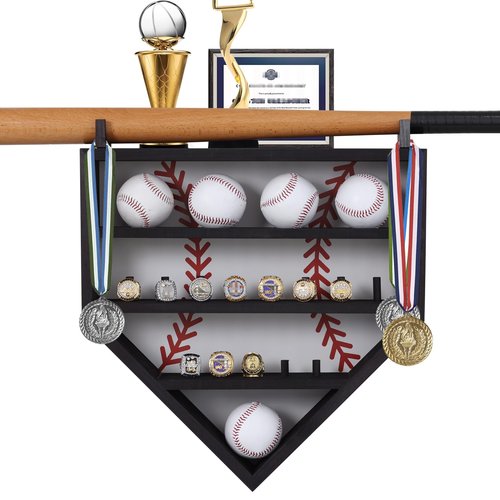 Baseball Display Case - Black Wood Baseball Shadow Box Display Case for 9 Balls, 13 Rings, and Bat – Wall Mount Baseball Holder Display Shelf for Game Balls, Trophies, and Memorabilia