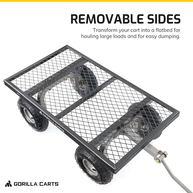 Gorilla Carts Steel Utility Cart, Garden Wagon w/Handle & Removable Sides, Up to 800 Lbs - Heavy-Duty Gardening Equipment for Yard, Lawn, and Outdoor Use