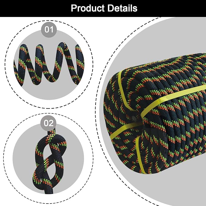 Double Braided Arborist Rope - 3/4 Inch x 100 Feet Polyester High Strength Climbing Rope for Tree Work, Swing, Halyard, Sailing(Black/Green/Orange)
