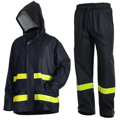 Men's PRO Workwear 3-Piece Waterproof Rain Jacket & Pants Set - Heavy Duty PU Eco-Friendly Hi-Vis Reflective Design(Reflective Black,XX-Large)