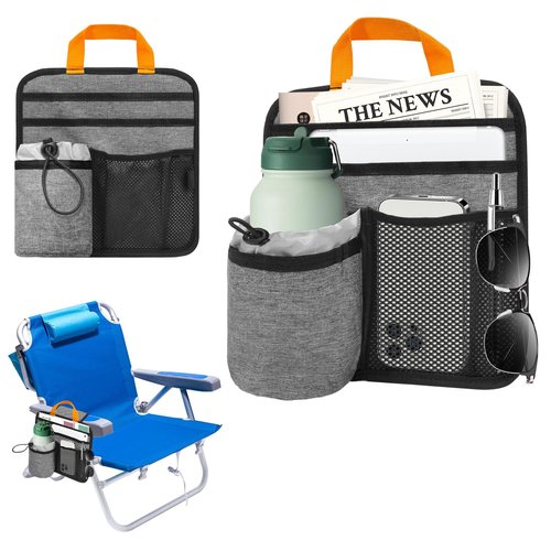 BOHEMIABY Beach Chair Cup Holder Attachment with Insulated Sleeve & 5 Pockets, Adjustable Armrest Organizer Caddy for Lawn Chairs, Camping, Stadium, Office (Grey)