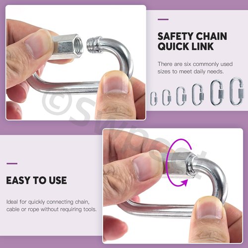 Swpeet 30Pcs M3.5 M4 M5 M6 M7 M8 Galvanized Safety Chain Quick Link and Galvanized Spring Snap Hook Assortment Kit, Heavy Duty Chain Connector Chain Coupler D Shape Locking