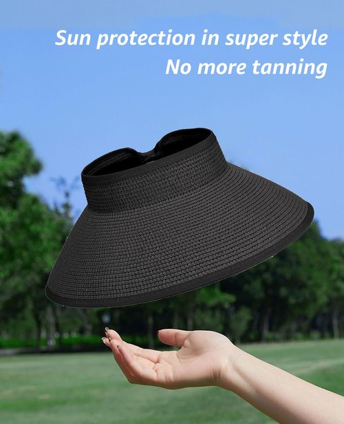 Sun Visor Hat for Women, Wide Brim Straw Summer UV Protection Hat, Foldable Roll-up Packable Beach Cap （Black）