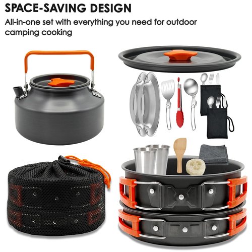 JUSFANE 20Pcs Camping Cookware Mess Kit, Non-Stick Lightweight Camping Pots and Pans with 1.1L Kettle, 2 Set Stainless Steel Cups Plates Forks Knives Spoons for Backpacking, Hiking, Outdoor Cooking