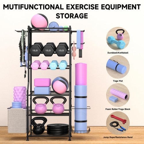 Dumbbell Rack, Home Gym Storage for Dumbbells Kettlebells Yoga Mat & Strength Training Equipments, Weight Rack with Peg Board Organizer, Workout Storage Gym Organizer Gym Equipment Storage, Black
