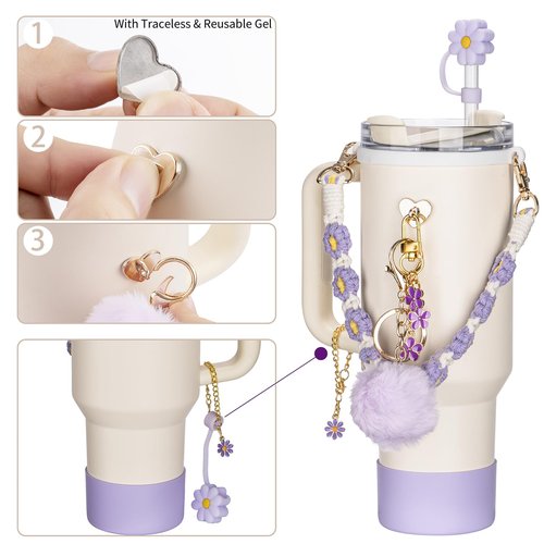 Stanley Cup Accessories with Handle Strap - Including Straw Topper, Water Bottle Strap, Silicone Stanley Boot, Cute Keychain Charms for Stanley 30oz 40oz Tumbler with Handle