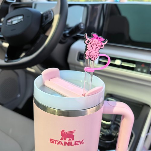 Amreich Straw Toppers - Pink Highland Cow Straw Cover Silicone Tumbler Accessories for Stanley 30-40 Oz Cups 0.4in Cow Straws Covers Cap