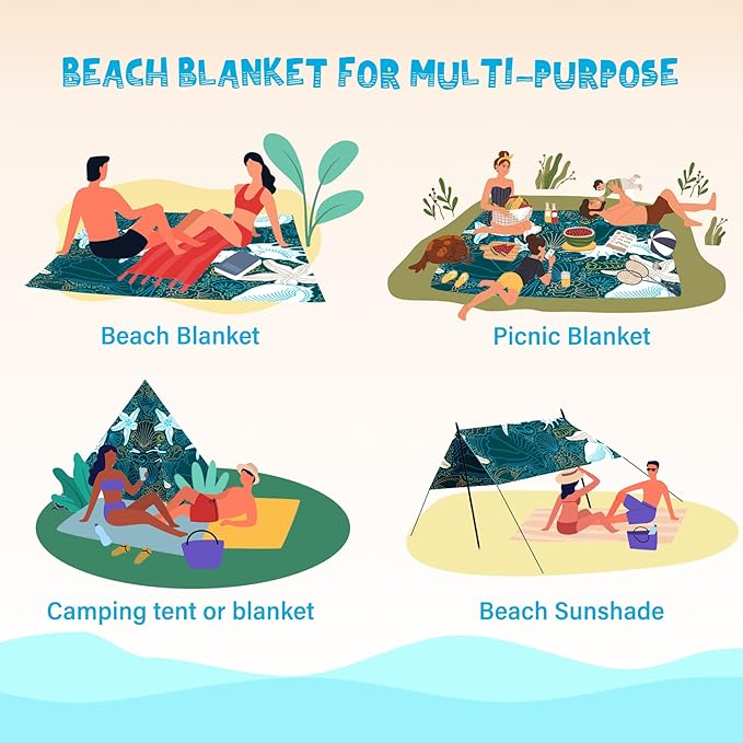Beach Blanket Waterproof Sandproof 1-7 Adult Oversized 78 '' × 110 '' Lightweight Durable Compact Sand Free Beach Mat for Travel Camping Hiking Picnic Blanket Extra Large