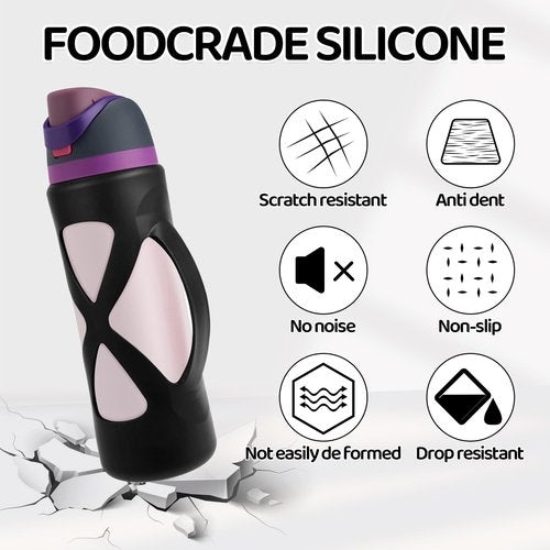 Silicone Boot with Handle Compatible with Owala 24 oz, Full Protective Anti Scratch & Reduce Dent Sleeve Cover, All-Round Wrap Protector Compatible with FreeSip Water Bottles(Black)