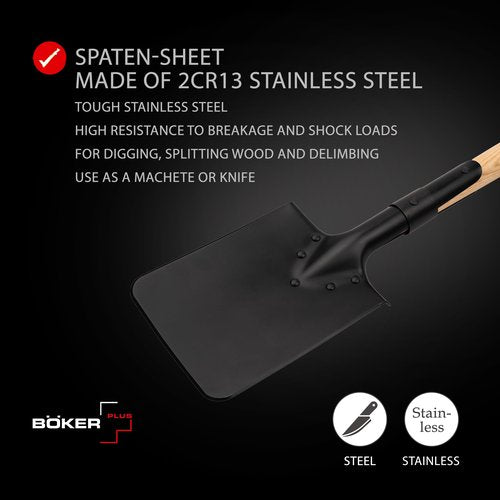 Boker Plus® Shovel M1874 - German Field Spade with Wooden Handle - Army Short Spade Based on Historic Pioneer Spade - Short Outdoor Shovel with Bag for bushcraft, Camping and Survival Equipment