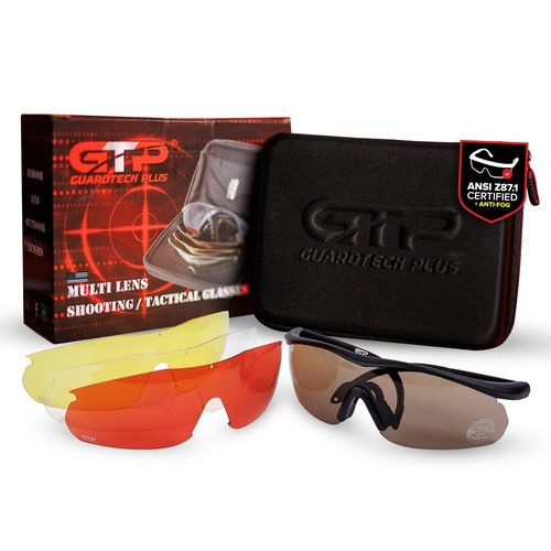 GuardTech Plus Shooting Glasses for Men and Women - ANSI Z87.1 Interchangeable Eye Protection - Shooting Safety Gear - 100% UV, Anti-Fog, Anti-Scratch Swappable Lenses Firing Range Glasses