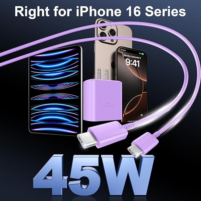 Phone 16 Pro Max Charger Fast Charging, 45W USB C Phone 16 Super Fast Charger Block with 6.6FT Long Type C Charging Cable Cord for Phone 16/16 Pro/16 ProMax/16 Plus, 15/15 ProMax/Pro/Plus,2pack purple