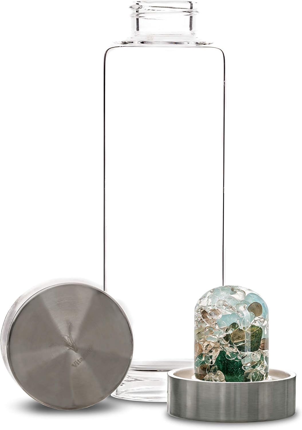 VitaJuwel ViA LUNA | Crystal Water Bottle with Rainbow Moonstone and Clear Quartz for Intuition, Empathy, Femininity