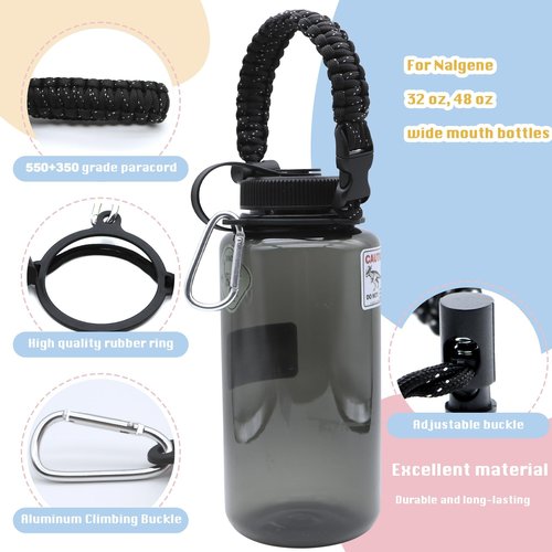 LUTQ 2 Packs Cap Strap for 32oz Wide Mouth Nalgene Bottles - Durable Paracord Strap with Aluminum Alloy Safety Buckle - Handle Compatible with Nalgene - Nocturnal Black