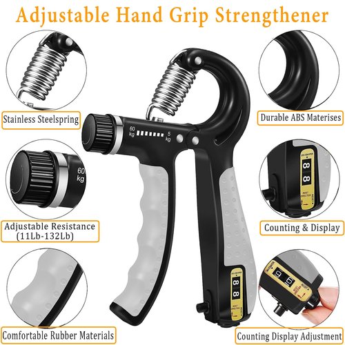 QTZFKFLHD Grip Strength Trainer with Forearm Strengthener, Hand Grip Strengthener, Hand Extension Exerciser, Stress Relief Ball and Hand Grip Strengthener for Muscle Building and Injury Recover(7 PCS) (black-gray)