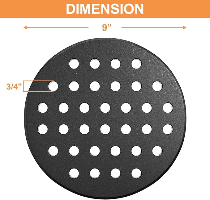 9" Round Cast Iron Bottom Fire Grate for Large Big Green Egg High Heat Charcoal Plate, Accessories for Primo Grill, Vision Grill Replacement Parts VGKSS-CC2 & Other Ceramic Kamado Cooker 18"