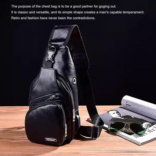 Peicees Pack of 2 Large&Medium Leather Sling Bag Mens Crossbody Bag Chest Bag Sling Backpack for Men with USB Charge Port, Classic Large Dark Brown & Classic Medium Black