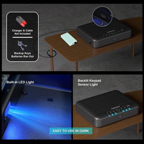 PINEWORLD Biometric Gun Safe For Handgun, 4 Quick-Access Unlock APP|Fingerprint|Passcode|Key with Voice Prompt,Pistol Locker For Nightstand/Office/Car, Remote Control
