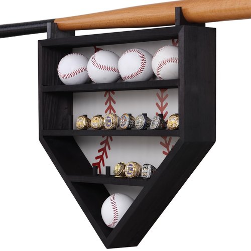 Baseball Display Case - Black Wood Baseball Shadow Box Display Case for 9 Balls, 13 Rings, and Bat – Wall Mount Baseball Holder Display Shelf for Game Balls, Trophies, and Memorabilia