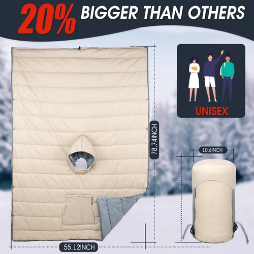 Buylaunch Sleeping Bag Wearable Hooded Blanket - Envelope Lightweight Thermal Cloak Cape Windproof with Premium Stuff Compression Sack for Backpacking Hiking Hunting Fishing Outdoor Sport，Khaki