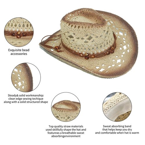 Straw Cowboy Hats for Women, Woven Straw Cowgirl Hats for Teens with Shape-It Brim Decorative Bands, Western Cowboy Sun Hat