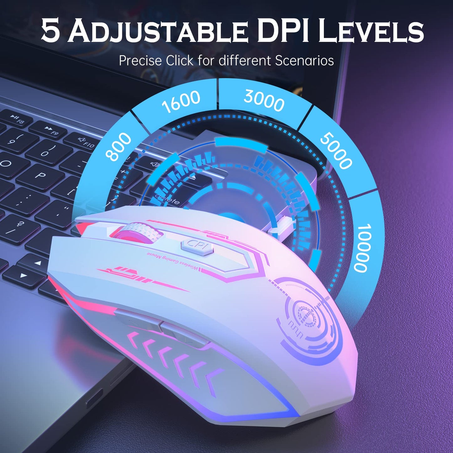 UHURU Wireless Gaming Mouse Up to 12000 DPI, Rechargeable USB-C Wireless Mouse with 7 Buttons 7 Dynamic LED Color Ergonomic Programmable MMO RPG for PC Laptop, Compatible with Windows Mac