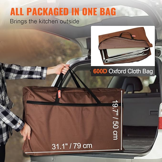 VBENLEM Camping Kitchen Table, Aluminum Portable Folding Camp Cook Table with Windshield, 3 Cupboard, Storage Organizer, Quick Installation for Outdoor Picnic Beach Party Cooking, Brown