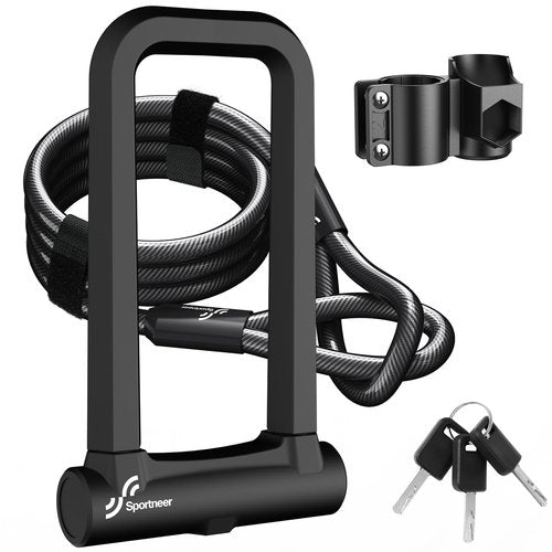 Sportneer Bike Lock: 18mm Heavy Duty Anti Theft Bike U Lock with 5ft Security Steel Cable - Shackle Bicycle U-Locks with 3 Keys & Sturdy Mounting Bracket for Road, Mountain, Electric & Folding Bike
