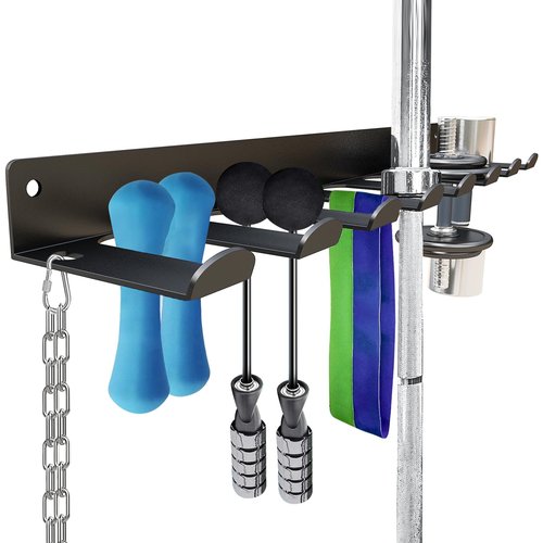 Wall-Mounted Gym Equipment Storage Rack - Home Gym Resistance Band Rack for Resistance Bands, Barbells, Jump Ropes, Lifting Belts, and More | Includes 8 Hooks and Carabiners