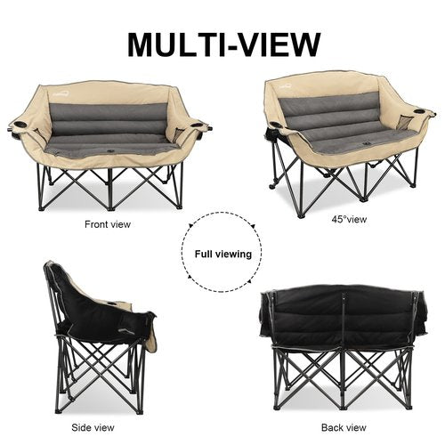 2 Person Fully Padded Camping Chair Oversized Loveseat Camping Chair Double Camping Chairs for Adults Heavy Duty Outdoor Camping Couch, Padded Seats & Armrests, 600Lbs, Beige