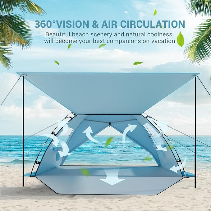 Elegear Beach Tent Sun Shelter with Canopy, 6-8 Person Pop Up Beach Tent, Easy Setup UPF 50+ UV Protection Portable Lightweight Double Silver Coating Beach Cabana Sun Shade Shelter - Sky Blue