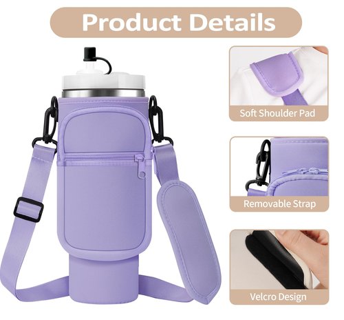 Water Bottle Holder Bag with Strap for Stanley 40 oz 30 oz Tumbler Insulated Cup Sleeve Sling with 2 Pockets & Straw Cap for Stanley Cup Accessories-Purple