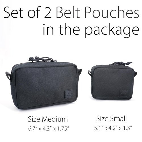 diodrio 2 Pack Belt Pouches for Men Women YKK Zippers, EDC Tactical Pouch Bag for Men, Admin Pouch, Waist Pack for Hiking Traveling, Water Proof, Black