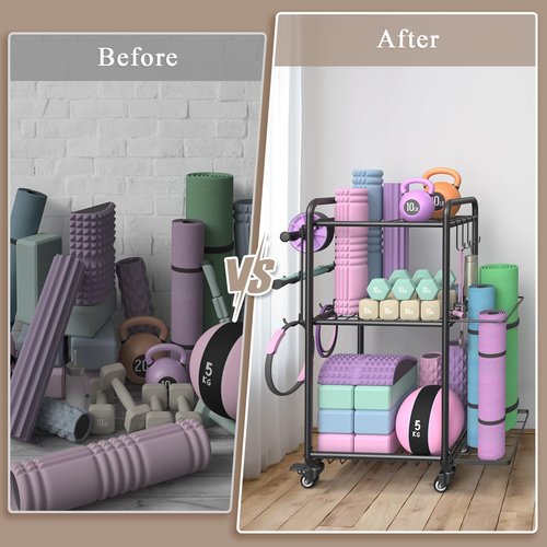 Weight Rack for Home Gym, All in One Yoga Mat Storage Rack, Workout Equipment Storage with Wheels and Hooks for Dumbbells Kettlebells Foam Rollers, Powder Coated (Black)