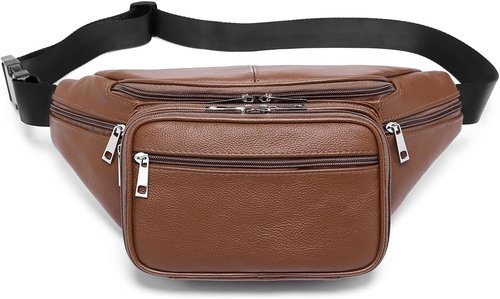 Genuine Leather Large 7 Pocket Waist Pack with Organizer, Card Slots (Black)