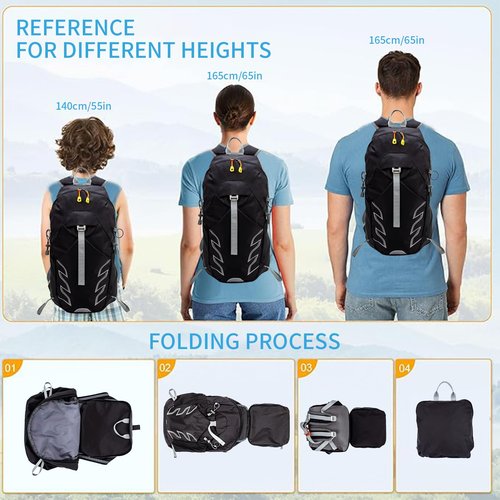 UtiaMiaoGonGo Small Lightweight Hiking Backpack，20L Waterproof Foldable Hiking Daypack Cycling Hydration Backpack Travel Camping Back Pack for Men Women, Black
