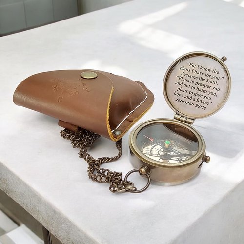 Morcomart Brass Compass with case Elegant Design Mountain Camping Pocket Compass with Chain