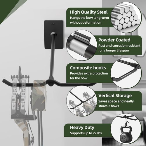 POOWEE Compound Bow Hanger for Wall - Heavy Duty Steel Compound Bow Holder, Recurve Bow Wall Mount with Durable Composite Padding, Bow Hanger Display for 2 Bows, Vertical Storage Bow Hangers for Wall