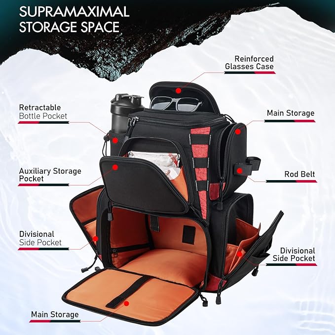 Piscifun Fishing Tackle Backpack with 4 Trays, Large Outdoor Storage Tackle Bag with Protective Rain Cover for Fishing Gear