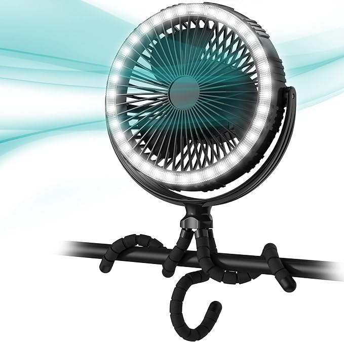 COMLIFE 10000mAh Rechargeable Camping Fan, 8-inch Battery Operated Tent Fan with Camping Light, Portable Fan with Flexible Tripod, Clip on Fan for Golf Cart, Grow Tent, Bunk Bed