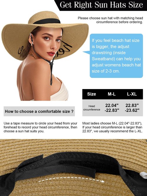 Senker Fashion Floppy Beach Hats for Women Straw Sun Hat Foldable Wide Brim Embroidered Roll up Summer Vacation Travel Khaki
