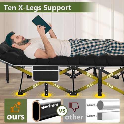 Slendor Camping Cot, Folding Camping Cots for Adults, Portable Sleeping Cot with Carry Bag, 1200D Double Layer Oxford, Camp Cot Bed for Guest Travel, Hiking, Support 500lbs, Black