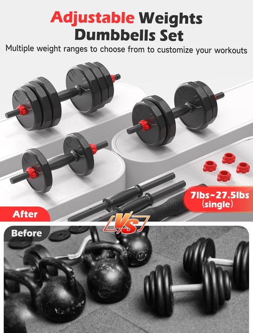 UKEEP Adjustable Dumbbell Set, 55/70/90lbs Free Weight Set with Connector, 3 in1 Dumbbells Set Used as Dumbbell/Barbell/Kettlebell, Fitness Exercises for Home Gym Suitable Men/Women